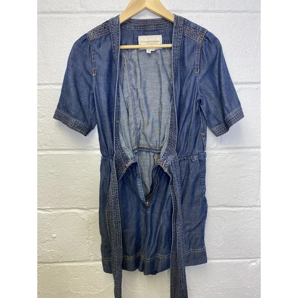 Anthropologie Pilcro Belted Denim Romper Sz 0 Shorts Wrap Tie Waist Blue‎